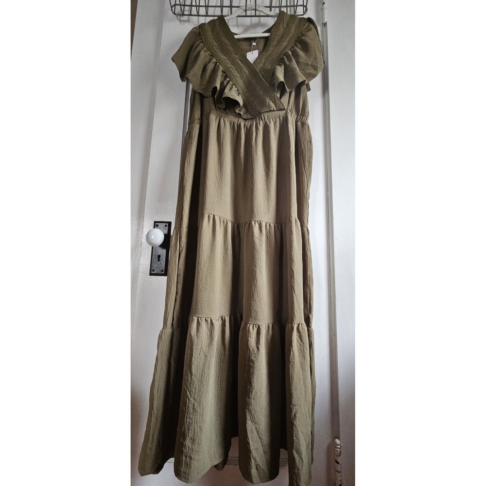 NWT SIMPLEE olive green wrap upper embroidered ruffled tiered dress maxi Sz L